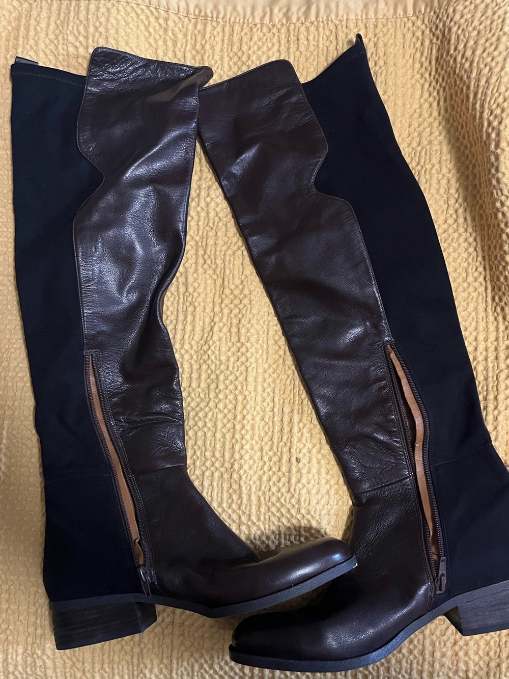 Nine West Brown Leather and Black Stretch Over-the-Knee Boots